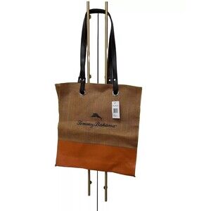 Tommy Bahama Canvas Burlap Logo Beach Tote Bag Travel Shopping Faux Leather NWT